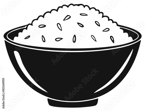 Black and white illustration of a full bowl of steamed rice, a simple yet essential global staple food icon.