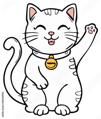 Lucky beckoning Cat with paw up and bell collar, asian feline cartoon illustration