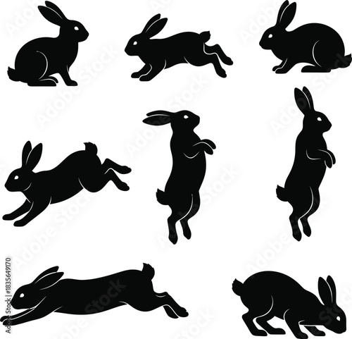 Collection of black rabbit silhouettes isolated on white background