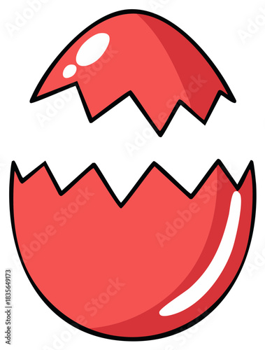 Vibrant red cracked eggshell cartoon illustration with jagged edges and glossy highlights