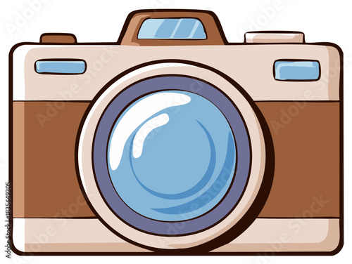 Charming cartoon vintage photo camera illustration with a prominent lens and classic retro design