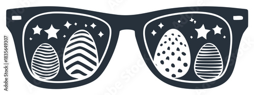 Creative Sunglasses Reflection with Striped and Polka Dotted Easter Eggs and Stars Symbolizing Spring Holiday Celebration