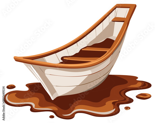 Cartoon vector illustration of a small white wooden rowboat grounded in a brown puddle
