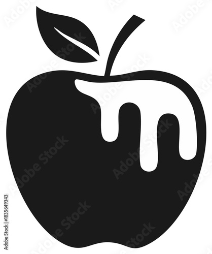 Minimalist black apple with a leaf and stem coated in a sweet flowing white liquid