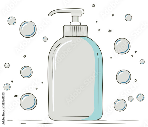 Hand soap dispenser with bubbles and sparkle icons illustration