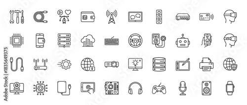Technology and electronic devices line icon set. Vector pictograms of smartphone, storage, processor, and networking, thin outline illustration.