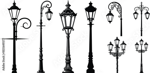 Elegant silhouette collection of vintage street lamps and lanterns