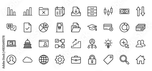 Business and finance line icon set. Vector pictograms of charts, documents, calendar, credit cards, and security, thin outline illustration.