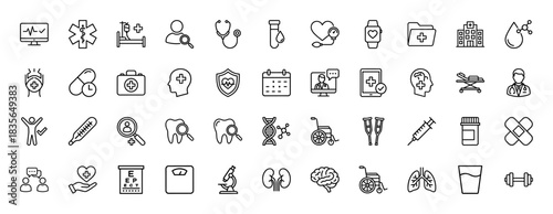 Medical line icon set. Vector pictograms of stethoscope, syringe, hospital, dna, heart, brain, lungs, tooth, doctor, pills and first aid kit, thin outline illustration.