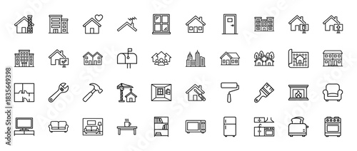 Real estate and home icon set. vector pictograms of houses, apartments, tools, and furniture, thin outline illustration.