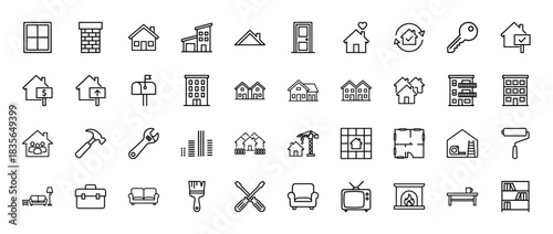 Real estate line icon set. Vector pictograms of house, apartment, construction, repair tools, and furniture, thin outline illustration.