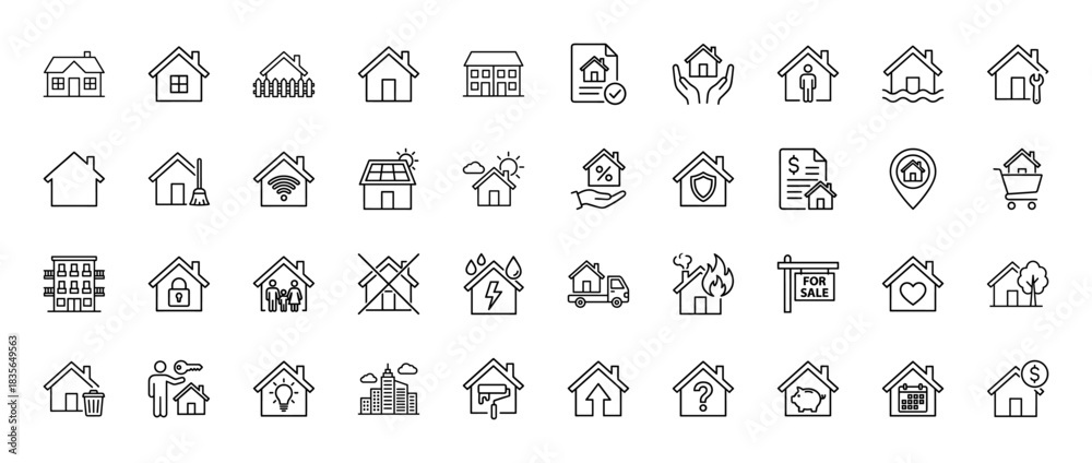 Fototapeta premium Real estate line icon set. Vector pictograms of house, mortgage, insurance, security, and maintenance, thin outline illustration.