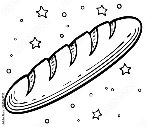 Rustic hand drawn baguette bread loaf doodle outline with whimsical stars and circles illustration