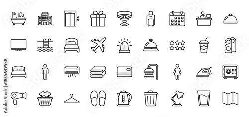 Hotel and hospitality line icon set. Vector pictograms of bathtub, luggage, bed, and reception desk, thin outline illustration.