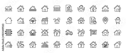 Real estate line icon set. Vector pictograms of house, mortgage, insurance, security, and maintenance, thin outline illustration.