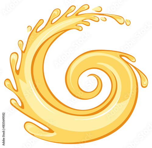 Abstract yellow liquid swirl with splashes and droplets