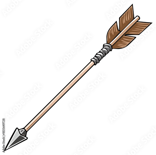 A medieval wooden arrow with feather fletching and a metal arrowhead isolated on a white background