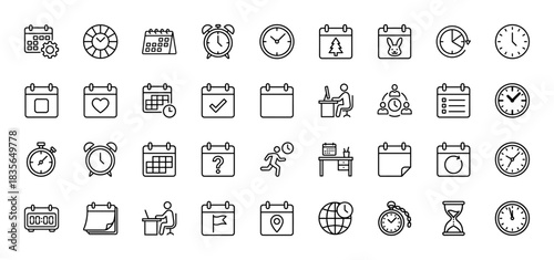 Time management and planning line icon set. Vector pictograms of clock, calendar, stopwatch, and schedule, thin outline illustration.