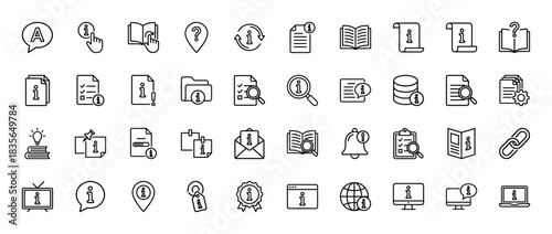 Information and help line icon set. Vector pictograms of book, document, magnifier, lightbulb, and envelope, thin outline illustration.