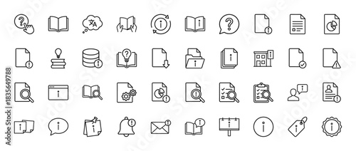 Information and data line icon set. Vector pictograms of book, document, question mark, bell, and magnifying glass, thin outline illustration.