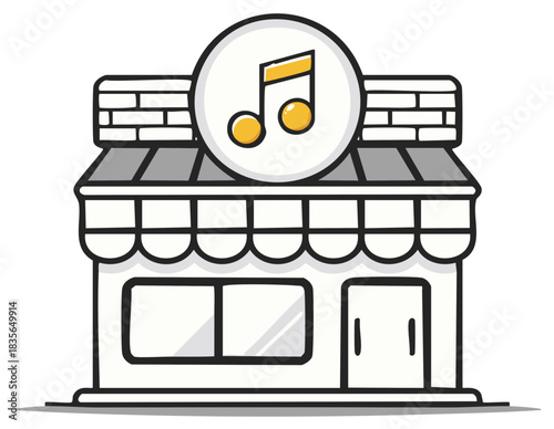 Music store building with musical note logo, digital illustration