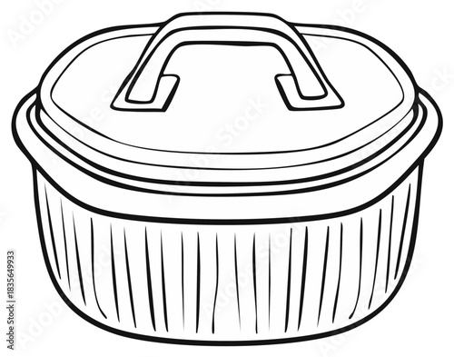 Simple line art drawing of an oval lidded container with a handle