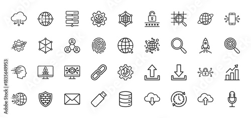 Technology and data line icon set. Vector pictograms of cloud, server, gear, shield, lock, and globe, thin outline illustration.