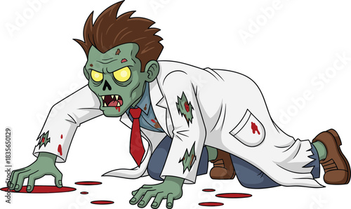 Crawling zombie scientist, horror lab coat, undead doctor, bloodstained medical outfit, cartoon zombie, glowing eyes, Halloween character, infected researcher