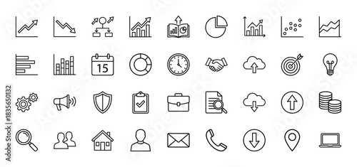 Business and finance line icon set. Vector pictograms of charts, calendar, handshake, and gears, thin outline illustration.