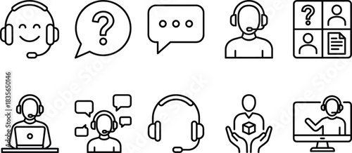 Customer support icon, help desk graphic, virtual assistant symbol, communication badge, headset illustration, online service icon, chat interface element
