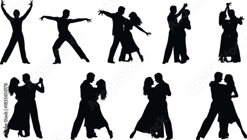 Dance silhouette collection, solo and partner poses, black figures, rhythmic movement, ballroom style, white background, expressive choreography