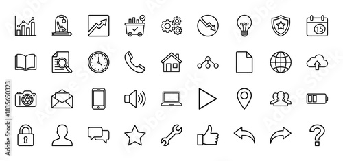 Business and technology line icon set. Vector pictograms of charts, gear, calendar, house, security, and communication, thin outline illustration.