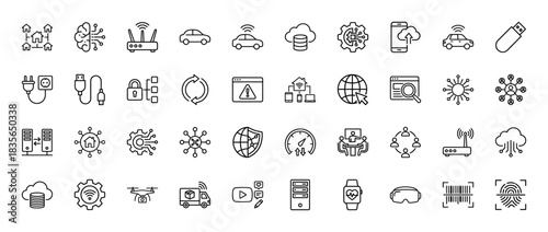 Internet of things and technology line icon set. Vector pictograms of smart home, server, cloud computing, and wireless router, thin outline illustration.