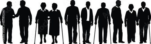 Elderly group silhouette, aging support, black figures, social connection, white background, mobility aid, companionship concept illustration