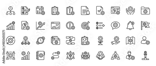 Business management and strategy line icon set. Vector pictograms of planning, workflow, success, and organization, thin outline illustration.