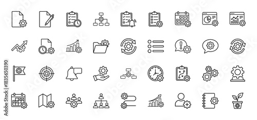 Business and project management line icon set. Vector pictograms of document, chart, plan, calendar, and settings, thin outline illustration.