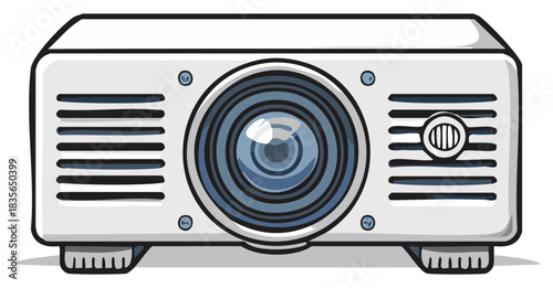 Front view of a modern digital movie projector with lens and vents