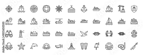 Nautical and maritime line icon set. Vector pictograms of ships, compass, anchor, lifebuoy, and sea creatures, thin outline illustration.