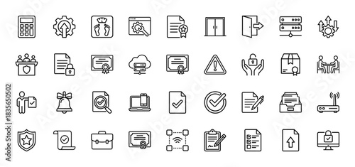 Business and security line icon set. Vector pictograms of settings, document, server, certificate, and shield, thin outline illustration.
