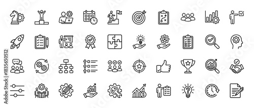 Business and strategy line icon set. Vector pictograms of success, planning, target, and management, thin outline illustration.
