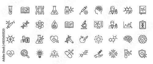 Biotechnology and genetic science line icon set. Vector pictograms of dna, chromosome, brain, syringe, and microbe, thin outline illustration.