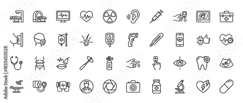 Medical healthcare line icon set. Vector pictograms of syringe, heart rate, thermometer, stethoscope, and x-ray, thin outline illustration.