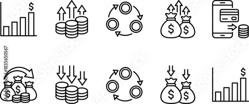 finance, money, investment, savings, transaction, mobile, banking, chart, coin, bag, economy, growth, decline, process, icon, finance icon, money bag, coin stack, bar chart,