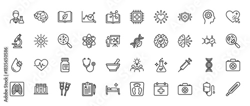 Medical and science line icon set. Vector pictograms of doctor, brain, dna, microscope, and syringe, thin outline illustration.