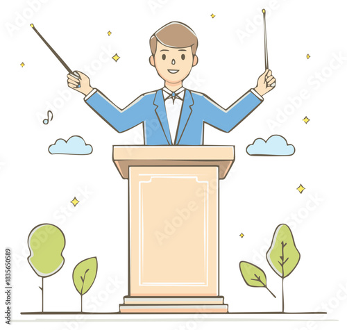 Conductor leading an orchestra on a podium with music notes and stars