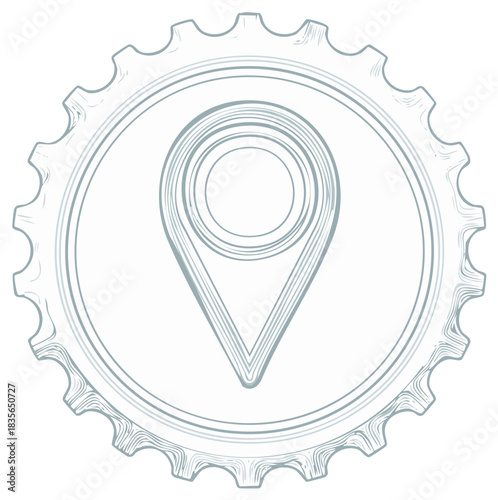 Location Pin Icon Inside a Stylized Gear Outline Simple Line Drawing