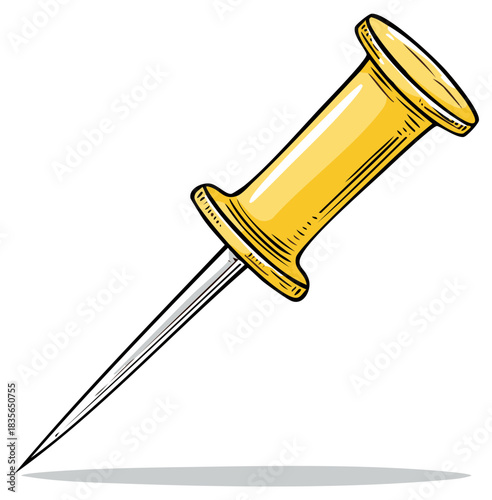 Hand drawn yellow pushpin illustration in a detailed cartoon sketch style