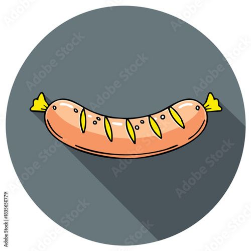 Cartoon Sausage Icon with Yellow Tie and Grill Marks Vector Illustration