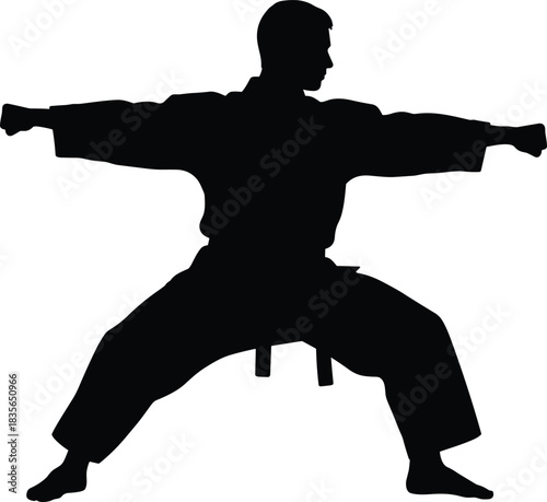 Martial arts silhouette, wide stance pose, extended arms, black figure, traditional uniform, defensive posture, strength concept, white background art
