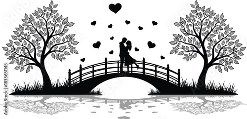 Romantic couple on bridge silhouette, black and white love scene, heart shapes, nature reflection, peaceful mood, artistic composition
